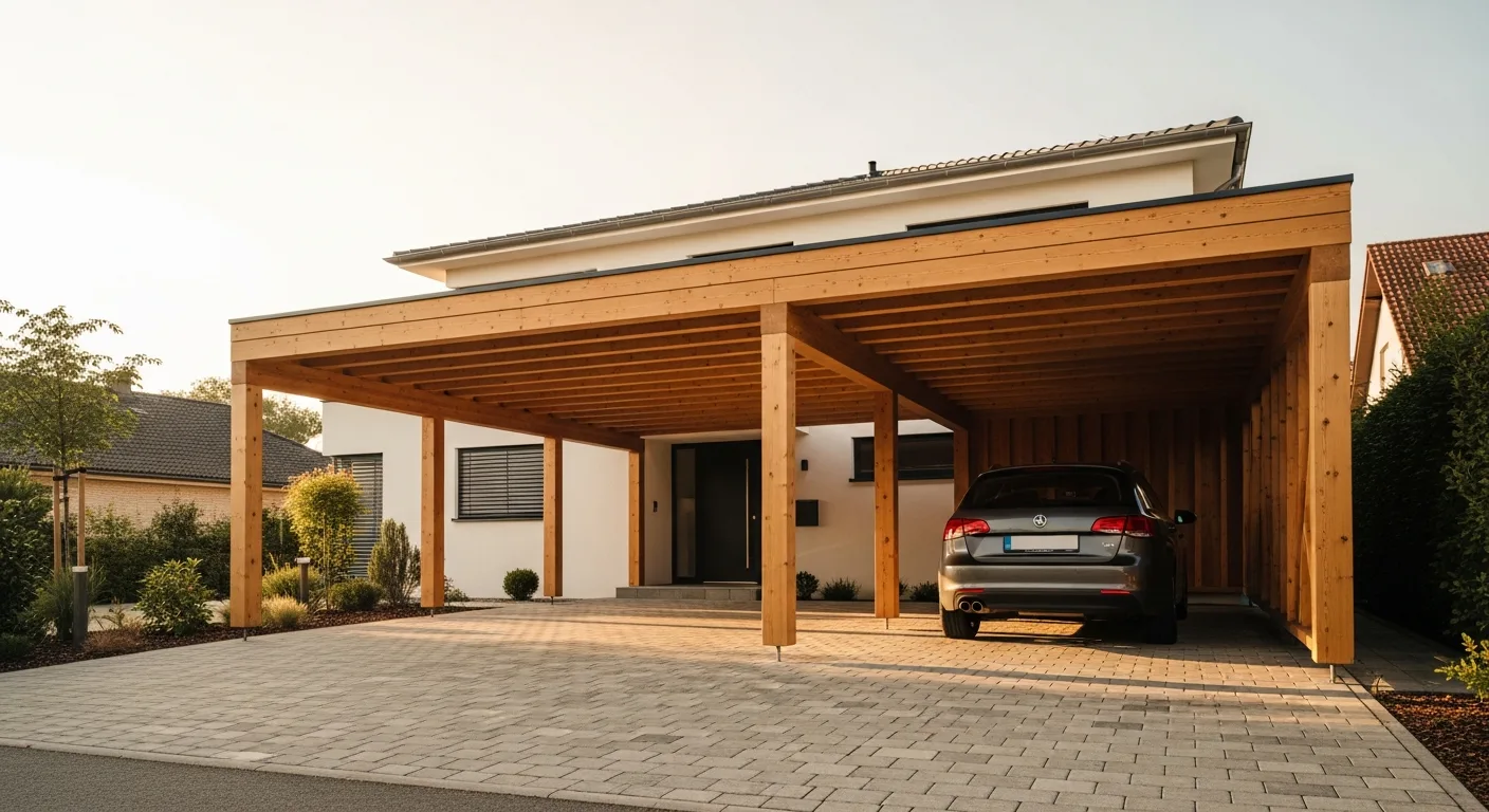 Carport bois et aluminium abritant une voiture